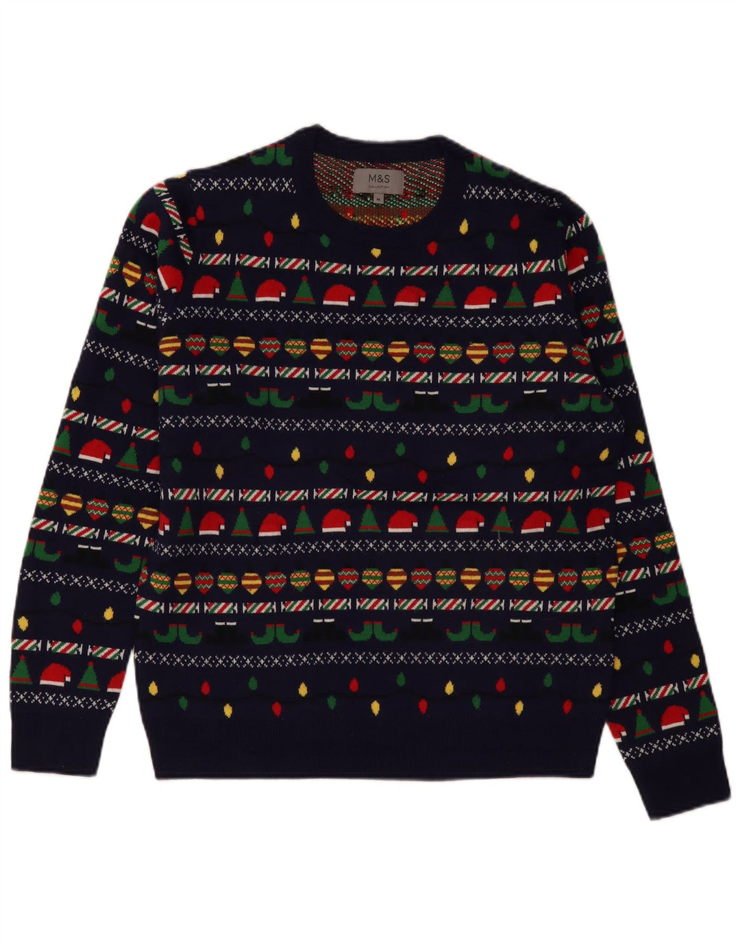 Suéter masculino Marks & Spencer com gola redonda, azul marinho médio, Natal