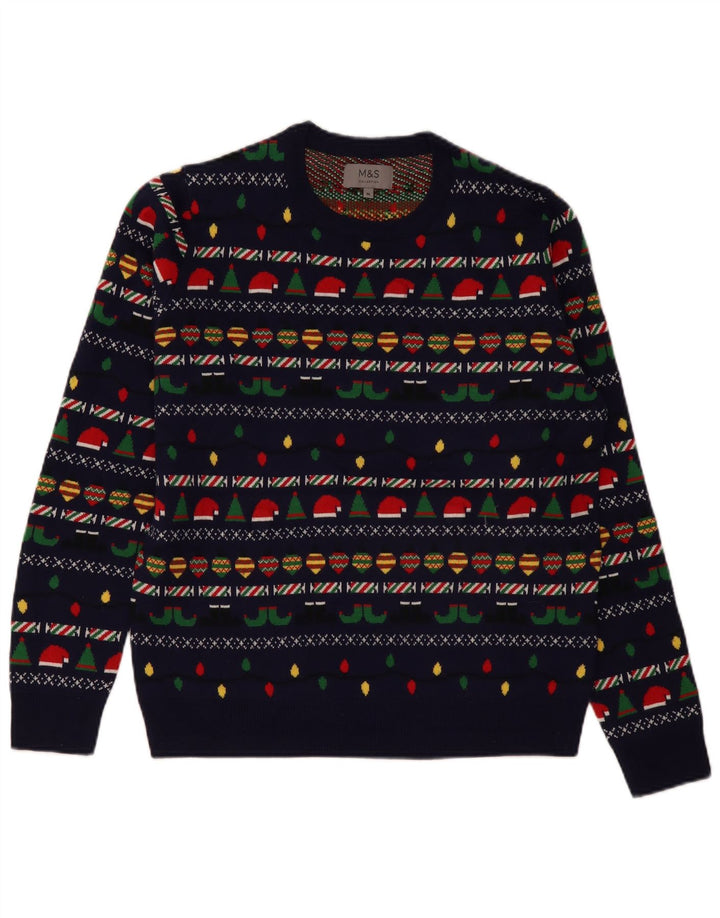 Suéter masculino Marks & Spencer com gola redonda, azul marinho médio, Natal