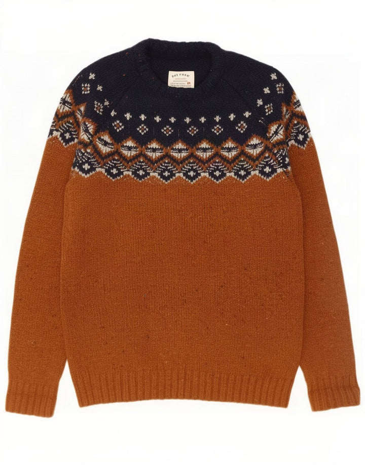 Suéter masculino Fat Face com gola redonda, pequeno, marrom, lã Fair Isle