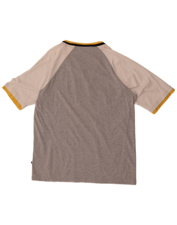 Camiseta Asics masculina gráfica grande bloco colorido cinza