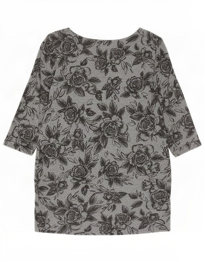 Top feminino Marks & Spencer manga 3/4 Reino Unido 14 poliéster floral cinza grande