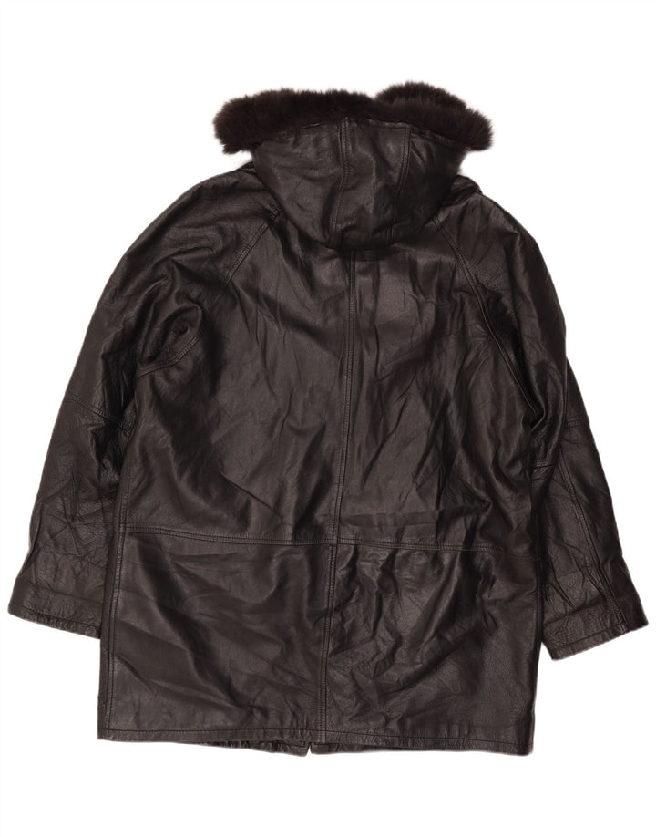 Casaco de couro com capuz feminino vintage folgado Reino Unido 18 XL couro preto