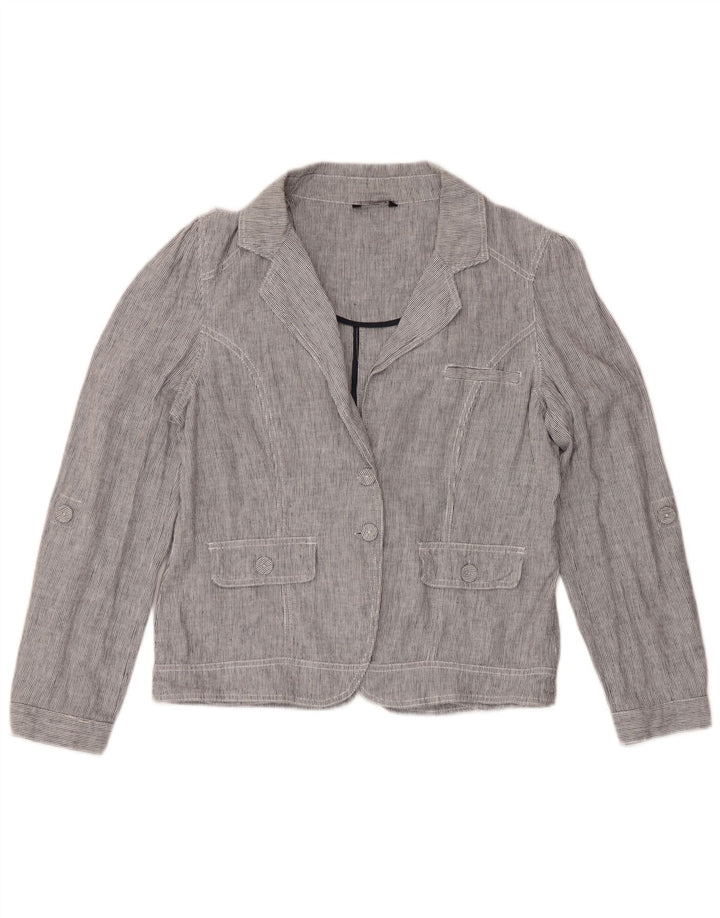 Jaqueta blazer feminina de 2 botões da M&Co Reino Unido 16 grande linho azul listrado