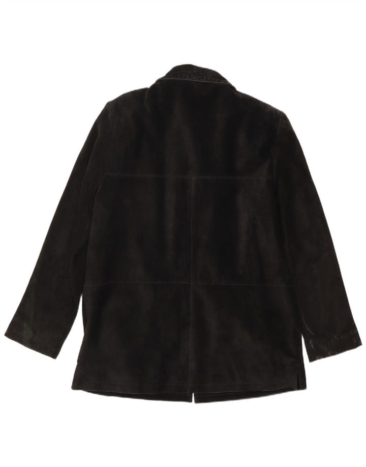 Jaqueta blazer feminina vintage de camurça com 3 botões, couro preto médio