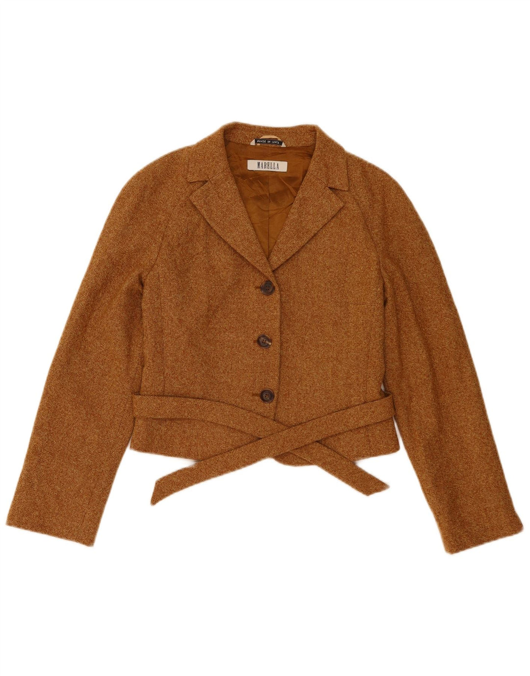 Jaqueta blazer feminina Marella Crop 3 botões Reino Unido 10 pequena lã marrom