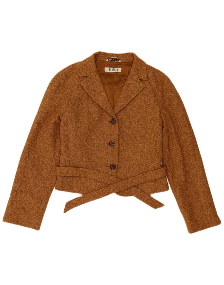 Jaqueta blazer feminina Marella Crop 3 botões Reino Unido 10 pequena lã marrom