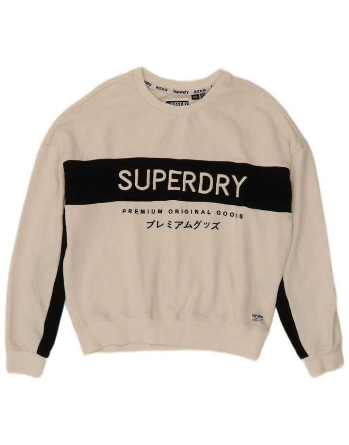 Suéter gráfico feminino Superdry UK 14 grande bloco colorido branco