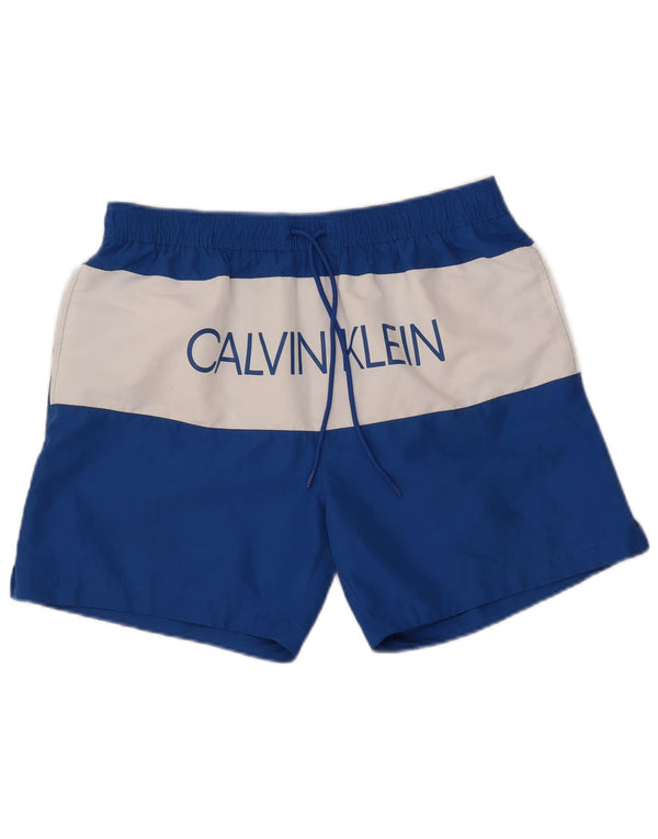 Calvin Klein Mens Graphic Swimming Shorts Large  Blue Colourblock Polyester