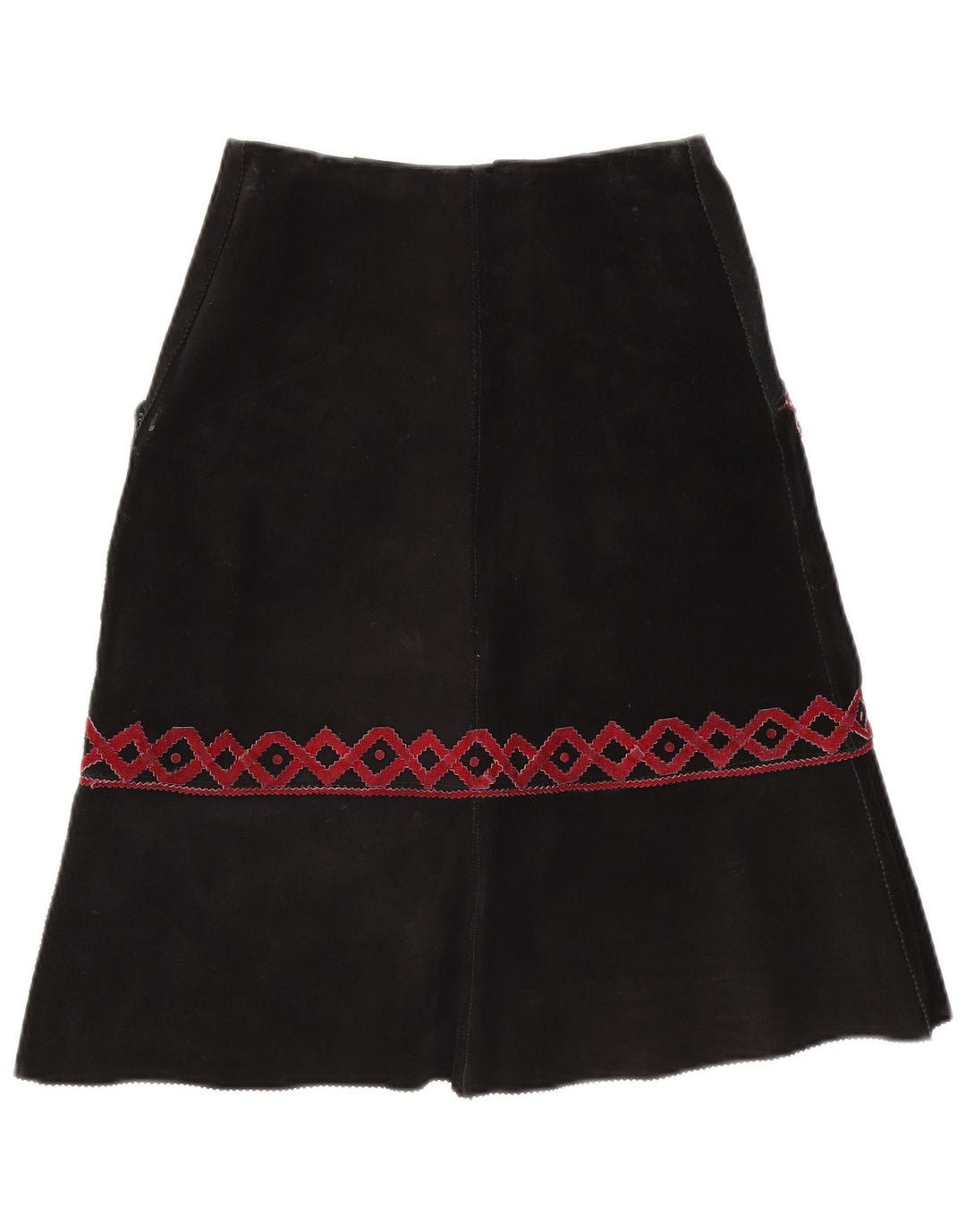Saia midi feminina vintage de camurça W28 média preta geométrica