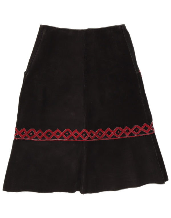 Saia midi feminina vintage de camurça W28 média preta geométrica