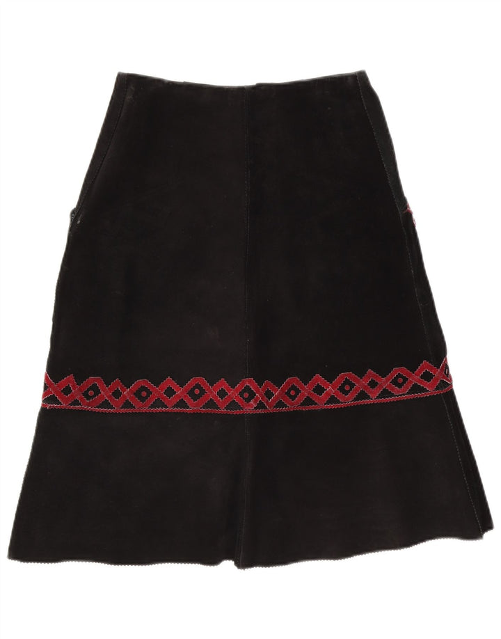 Saia midi feminina vintage de camurça W28 média preta geométrica
