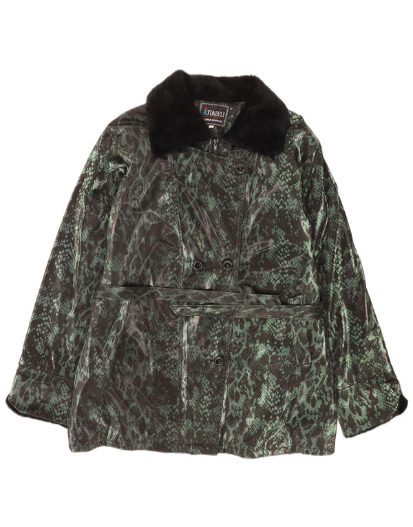 Casaco feminino vintage com peito duplo UK 18 XL verde animal print poliéster