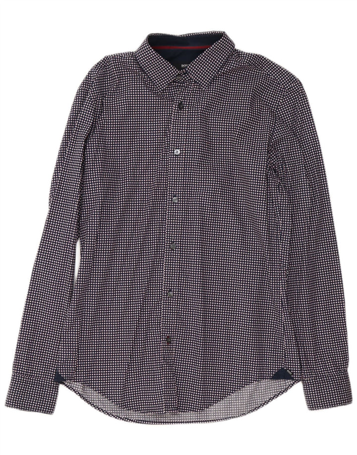 Camisa masculina Hugo Boss Slim Fit médio algodão manchado azul marinho