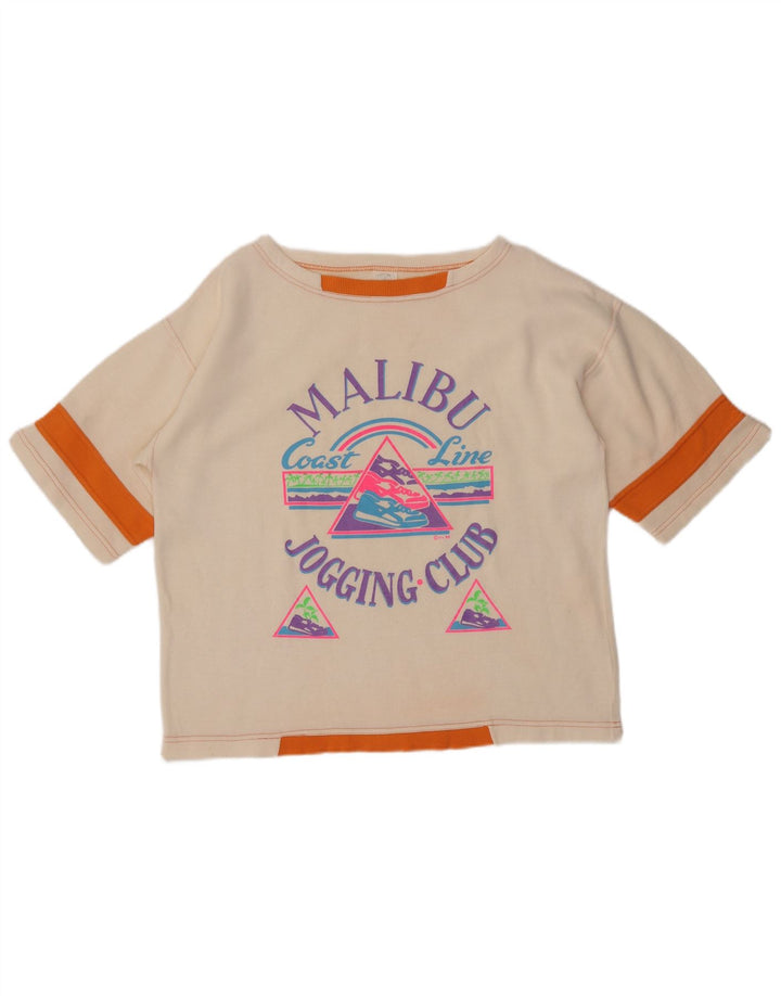 Camiseta feminina vintage Malibu com estampa gráfica UK 14 médio off white