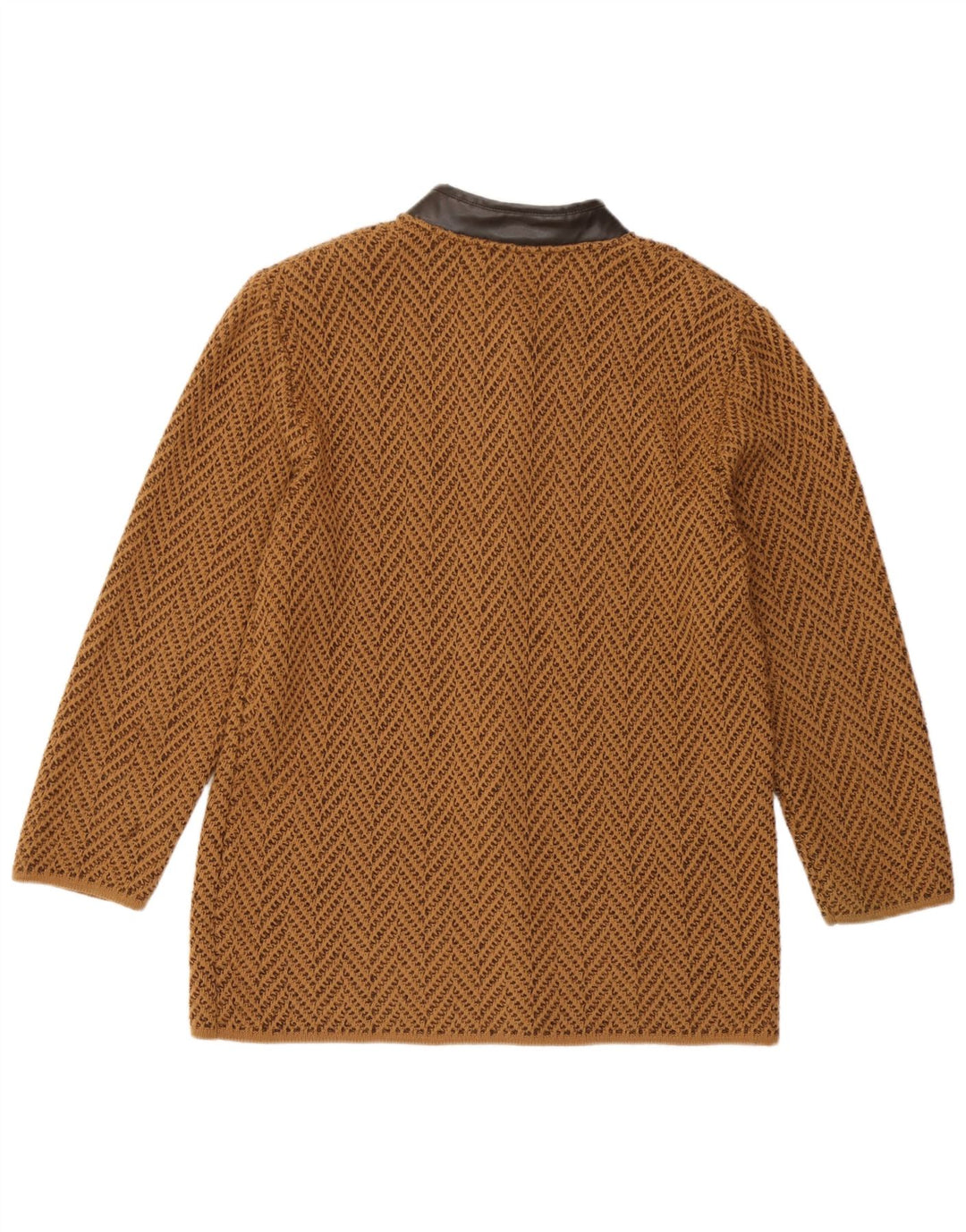 Suéter cardigã feminino vintage Reino Unido 14 lã chevron marrom médio