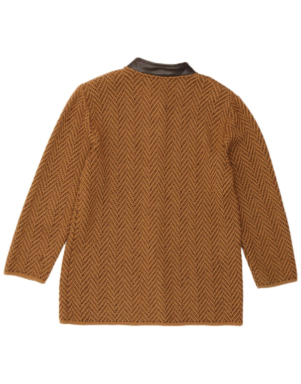 Suéter cardigã feminino vintage Reino Unido 14 lã chevron marrom médio