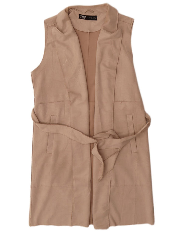 Zara Womens Longline Gilet UK 16 Grande Poliéster Bege