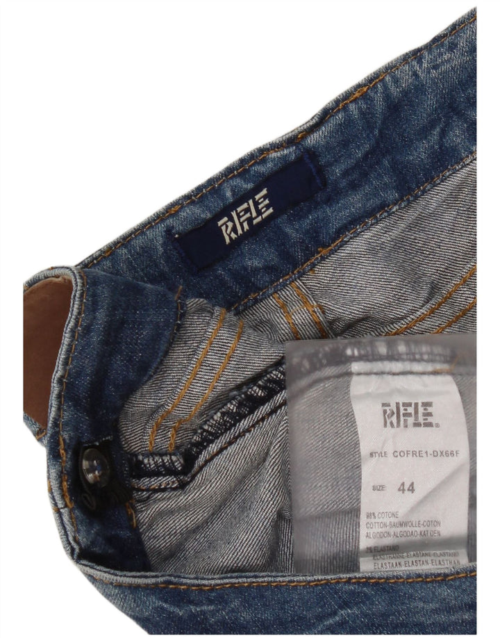 Rifle feminino jeans slim desgastado IT 44 médio W34 L30 algodão azul