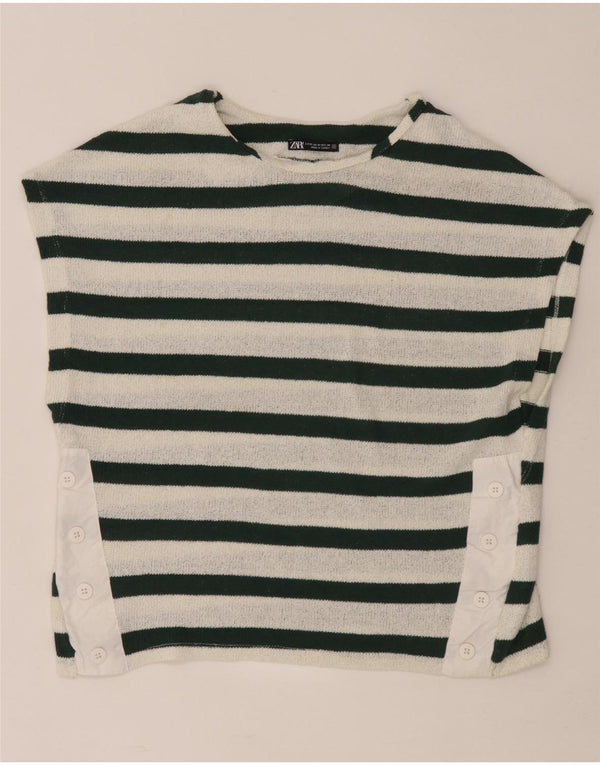 Camiseta feminina Zara UK 14 listrada branca média