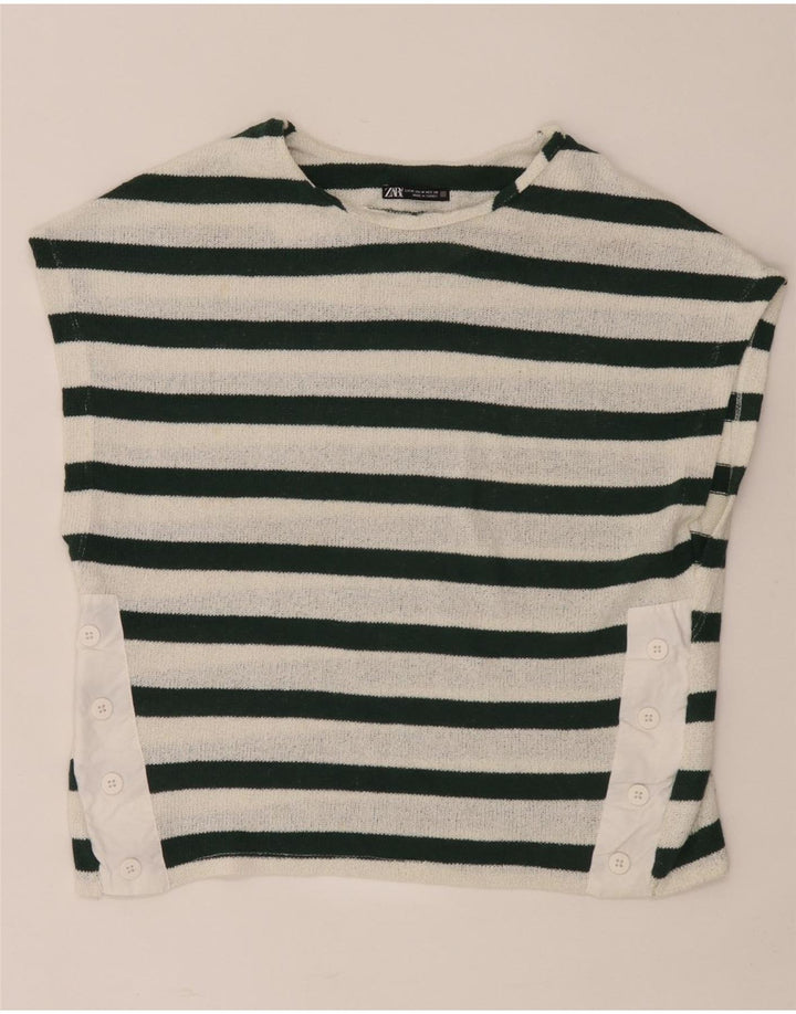 Camiseta feminina Zara UK 14 listrada branca média