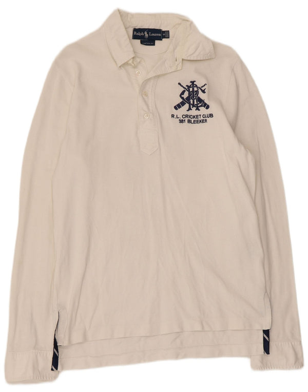 Camisa polo masculina de rugby de manga comprida com estampa Ralph Lauren pequena de algodão branco