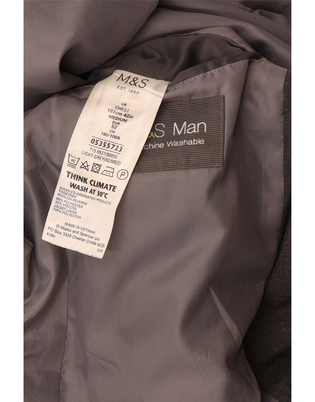 Jaqueta blazer masculina de 2 botões Marks & Spencer Reino Unido 42 poliéster cinza grande
