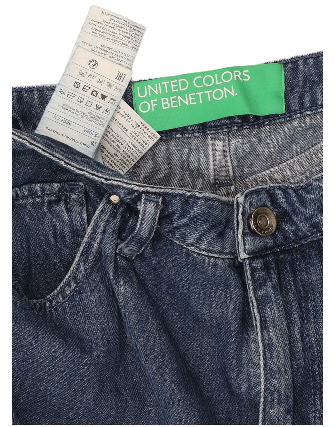 Calça jeans feminina BENETTON com perna larga W28 L32 algodão azul