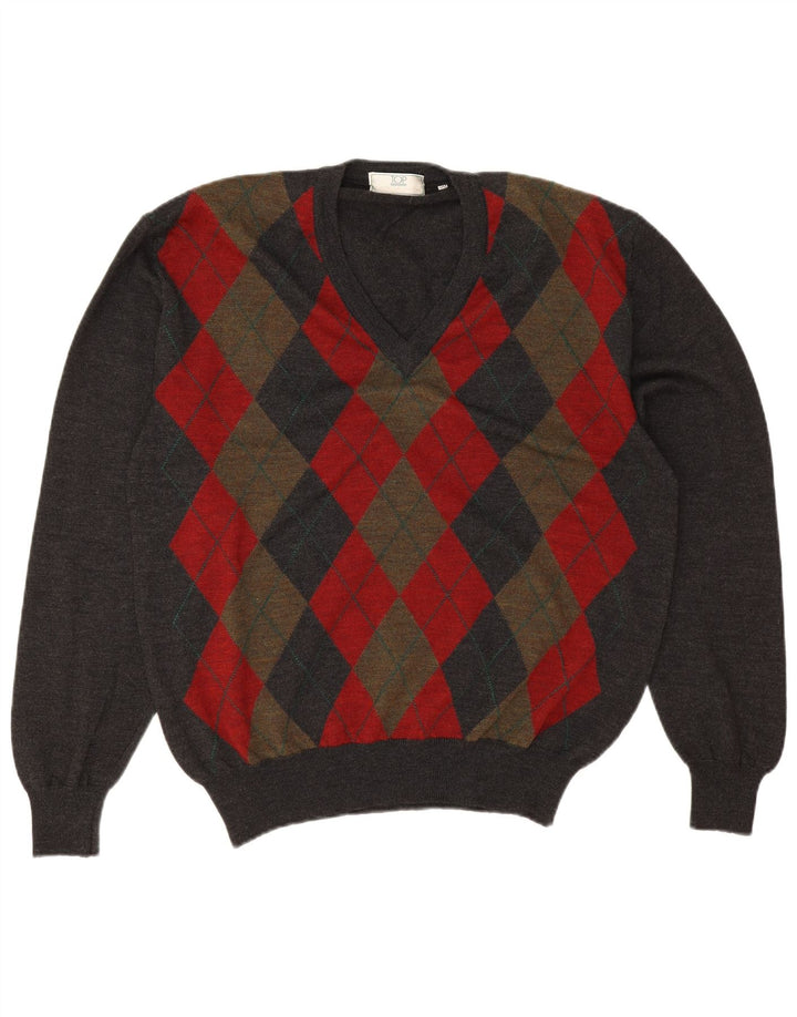 Suéter masculino vintage com decote em V IT 50 cinza médio Argyle/Diamante
