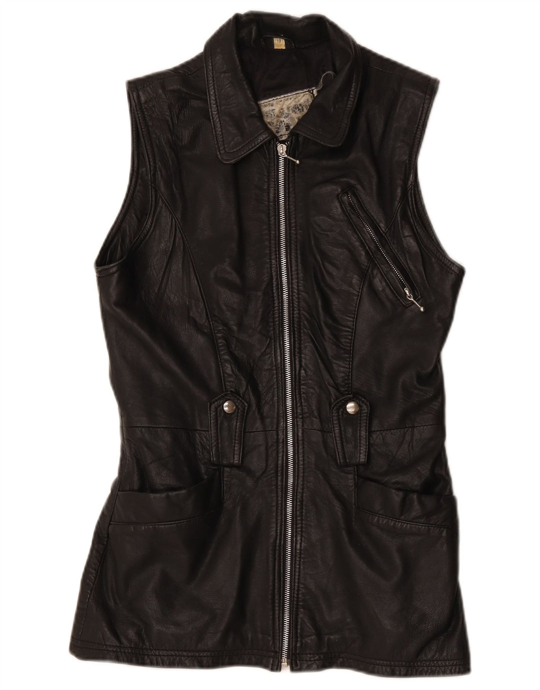 Colete de couro feminino vintage UK 12 médio preto