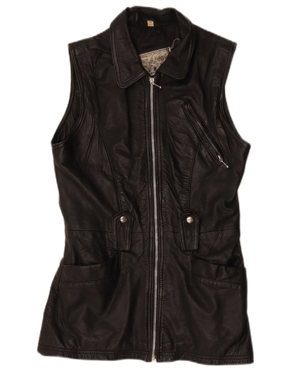 Colete de couro feminino vintage UK 12 médio preto