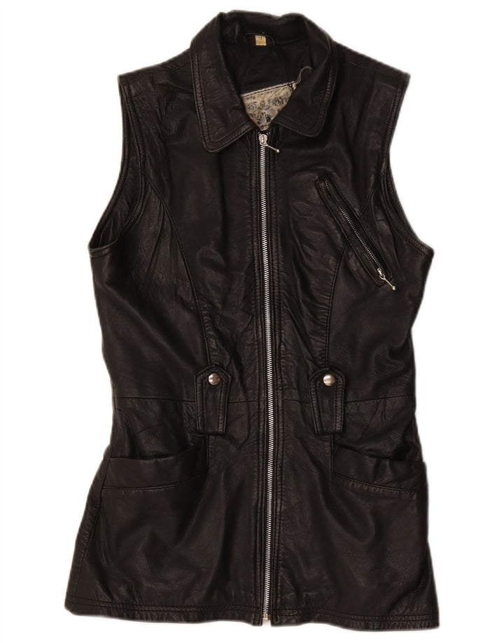 Colete de couro feminino vintage UK 12 médio preto