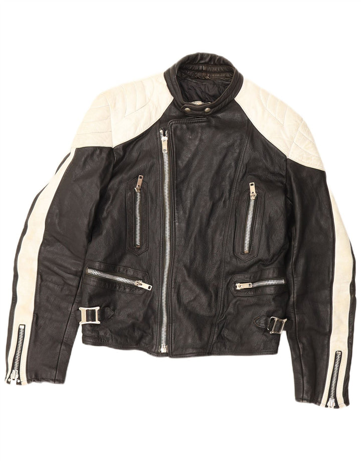 Jaqueta masculina vintage de couro Racer UK 38 bloco colorido preto médio