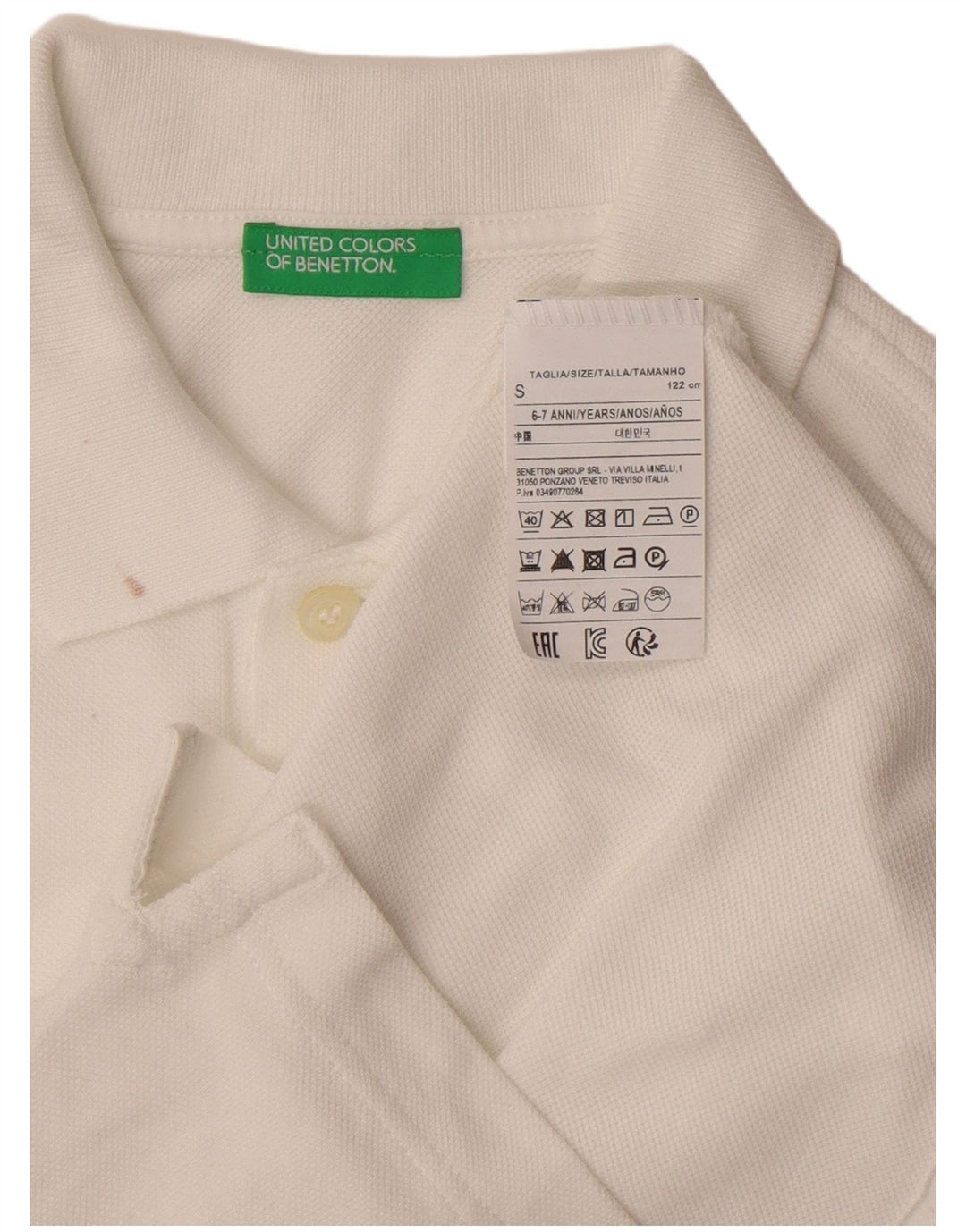 Polo Benetton Boys 6-7 Anos Pequeno Algodão Branco