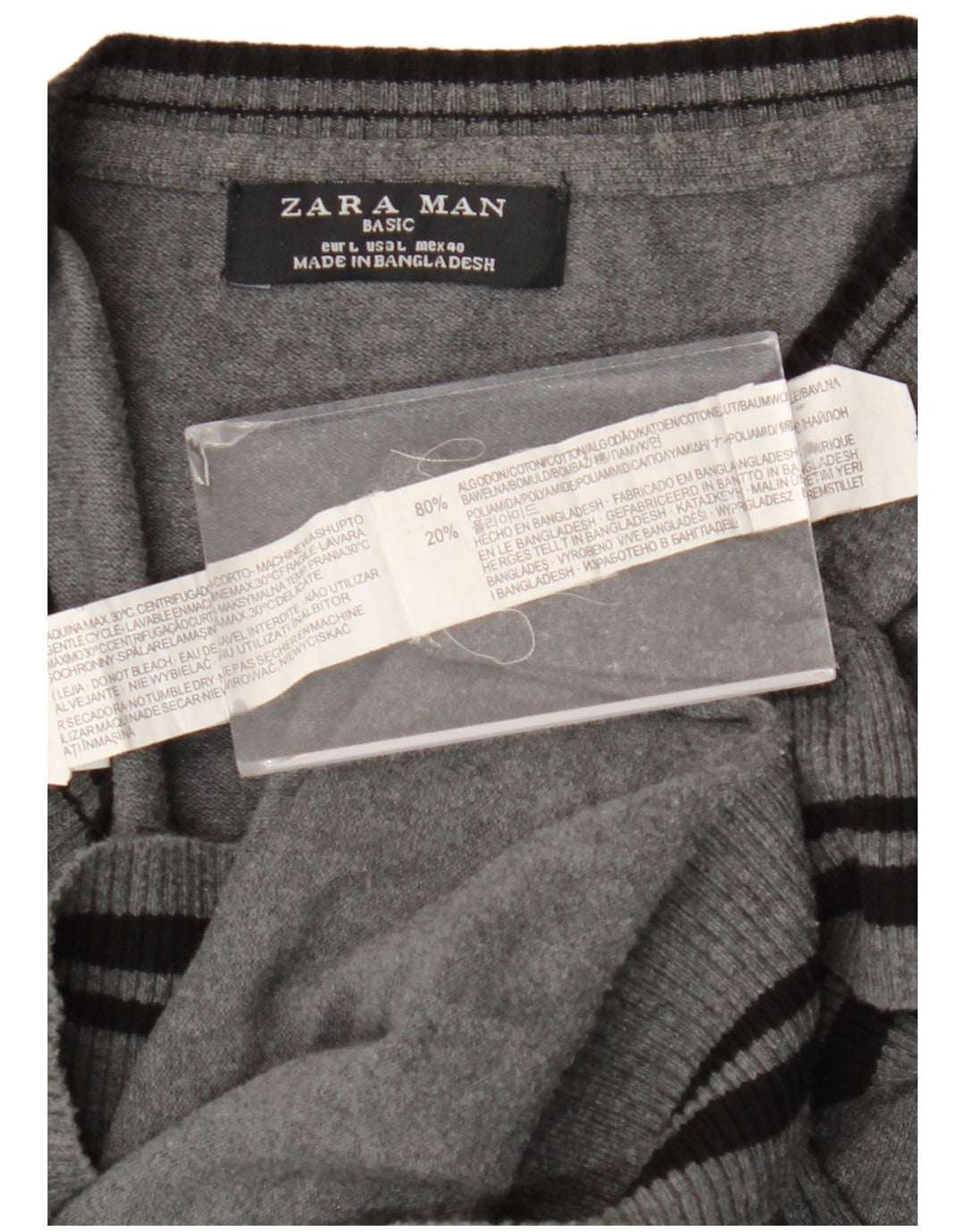 Suéter masculino Zara com decote em V grande algodão listrado cinza