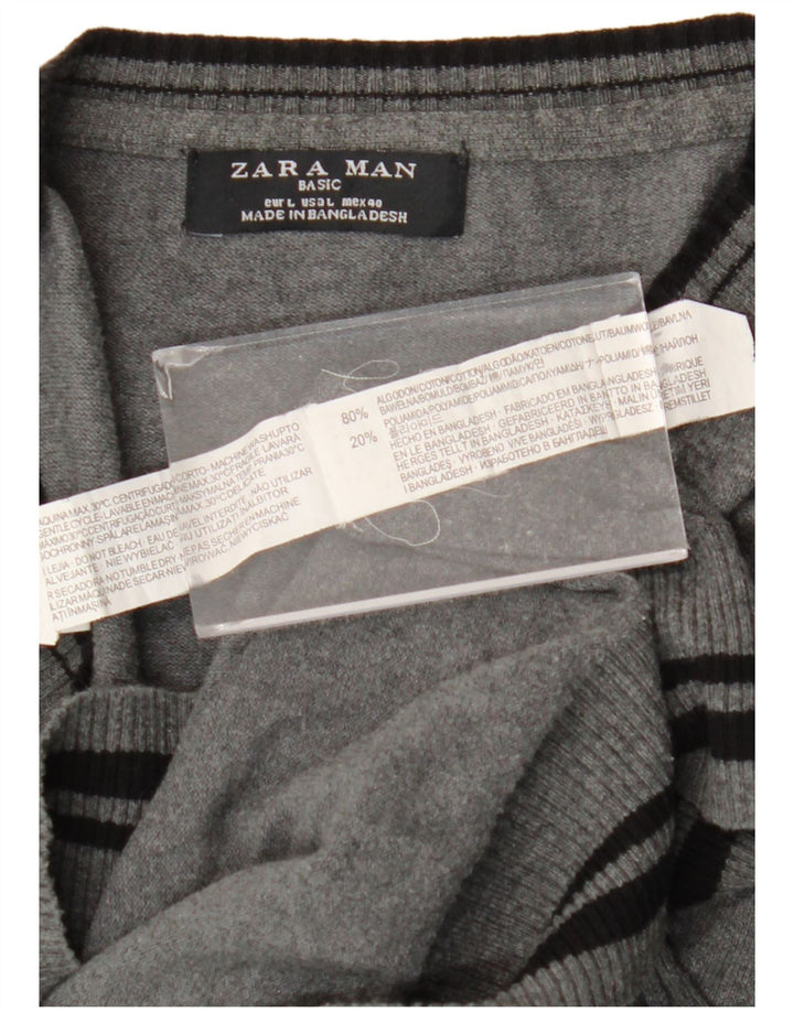 Suéter masculino Zara com decote em V grande algodão listrado cinza