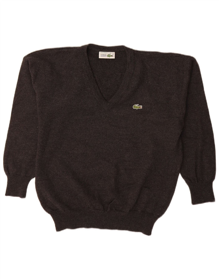 Suéter masculino Lacoste com decote em V tamanho 6 XL cinza lã nova