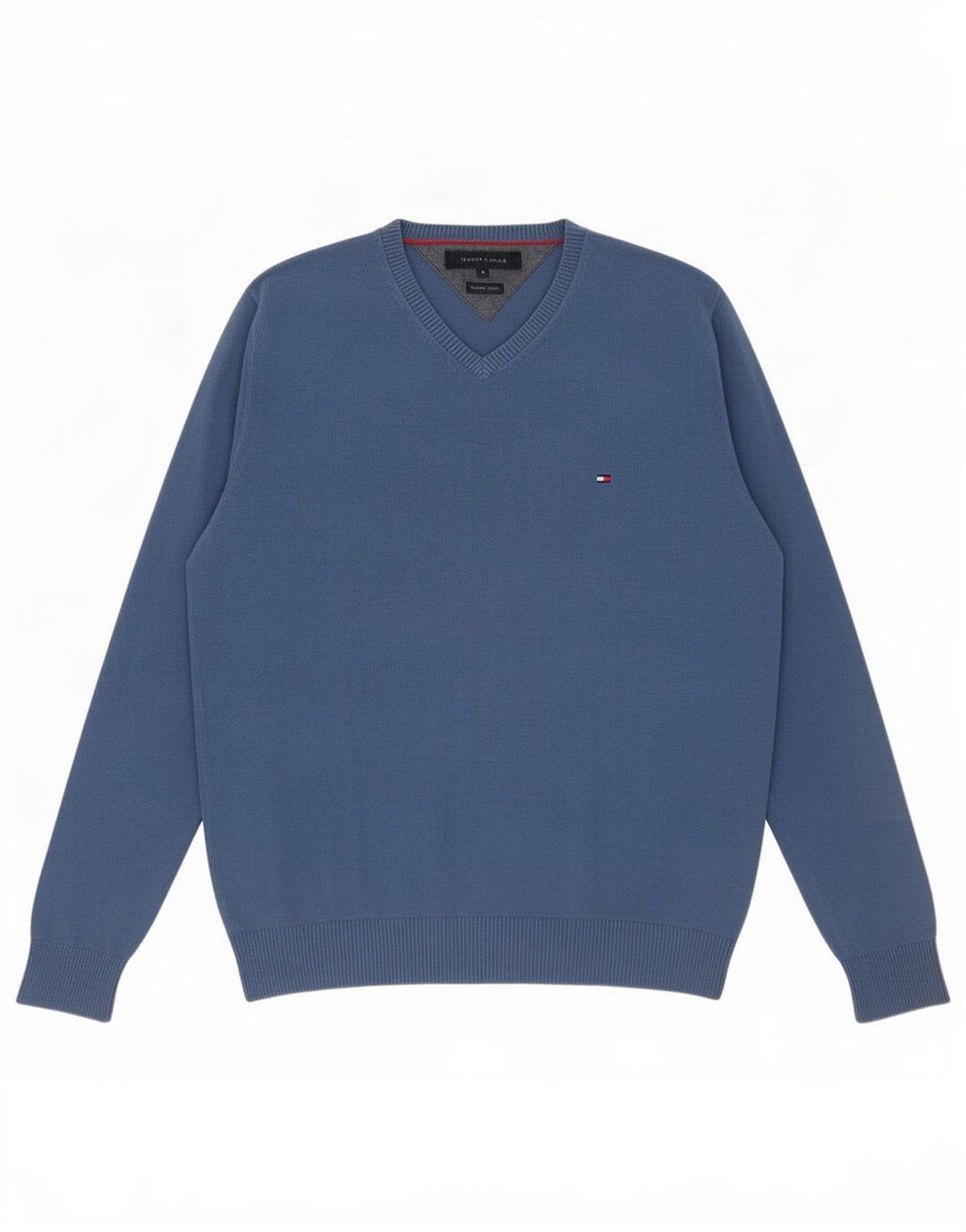 Tommy Hilfiger Suéter masculino com decote em V de algodão azul médio