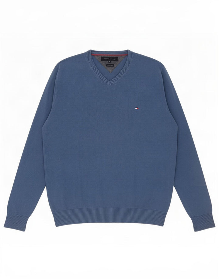 Tommy Hilfiger Suéter masculino com decote em V de algodão azul médio