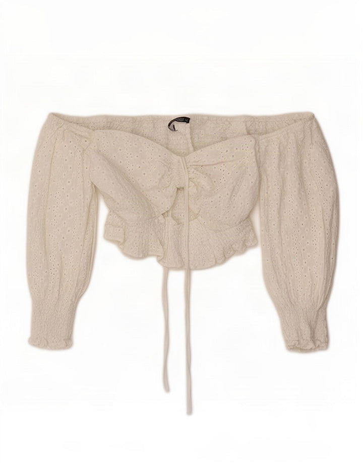 Zara Top feminino com manga 3/4 e ombros de fora UK 12 Médio Branco