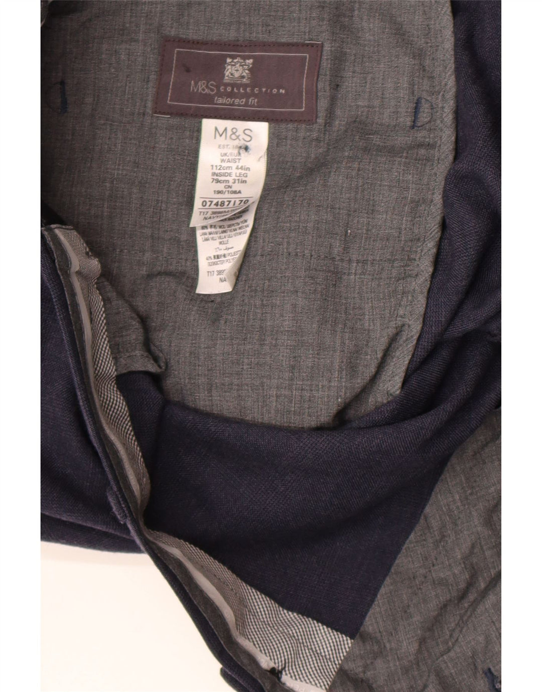 Calça masculina de ajuste regular Marks & Spencer W44 L31 lã azul marinho
