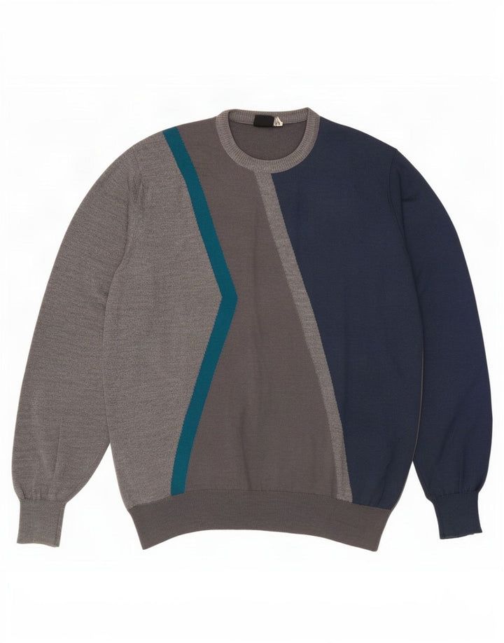 Suéter vintage masculino com gola redonda IT 52 grande bloco colorido cinza