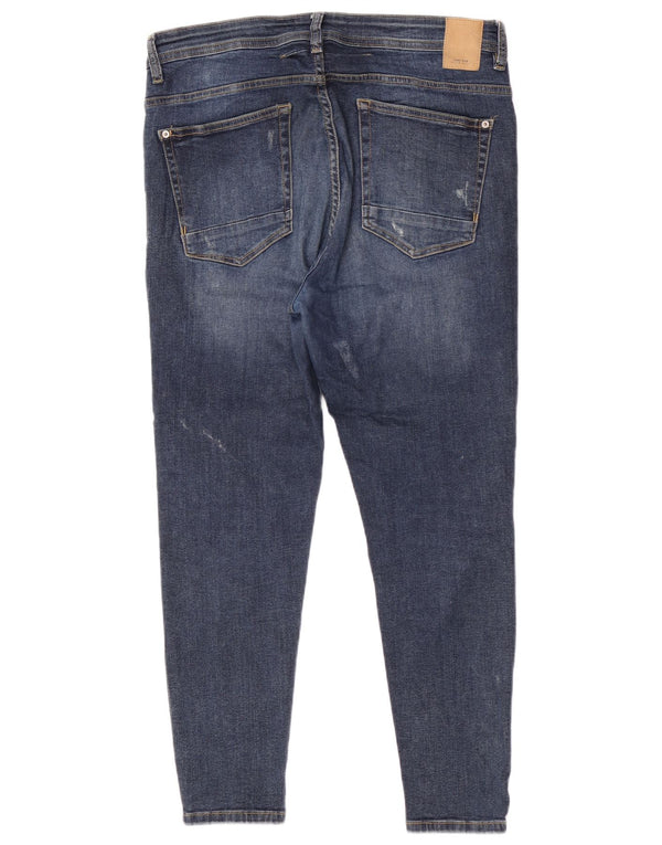 Zara Calça jeans skinny cortada masculina desgastada UE 44 grande W34 L26 algodão azul