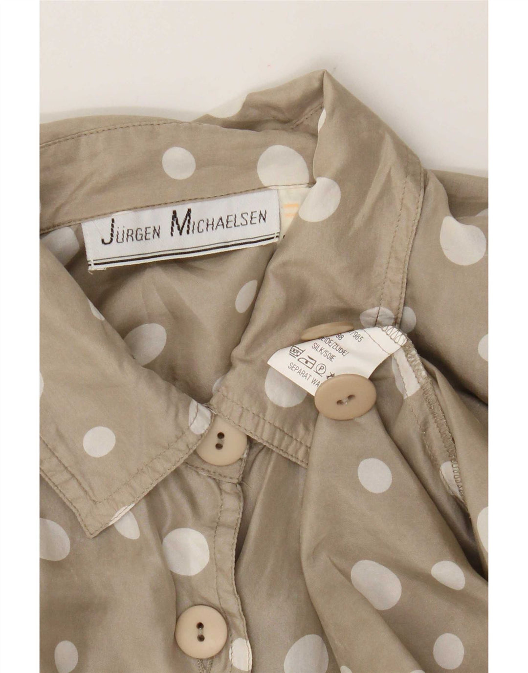 Camisa feminina Jurgen Michaelsen Reino Unido 14 médio bege bolinhas seda