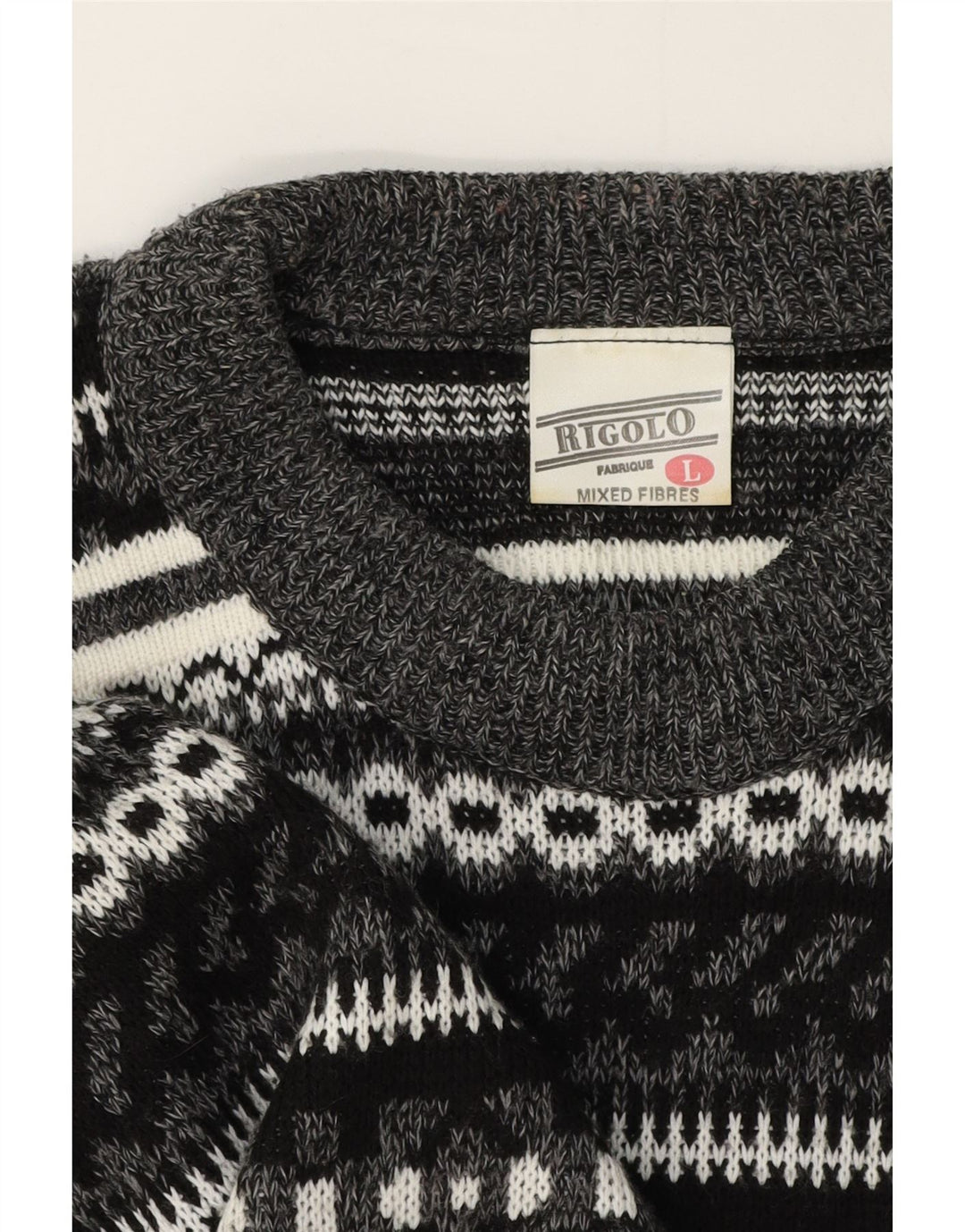 Suéter masculino vintage com gola canoa grande cinza Fair Isle