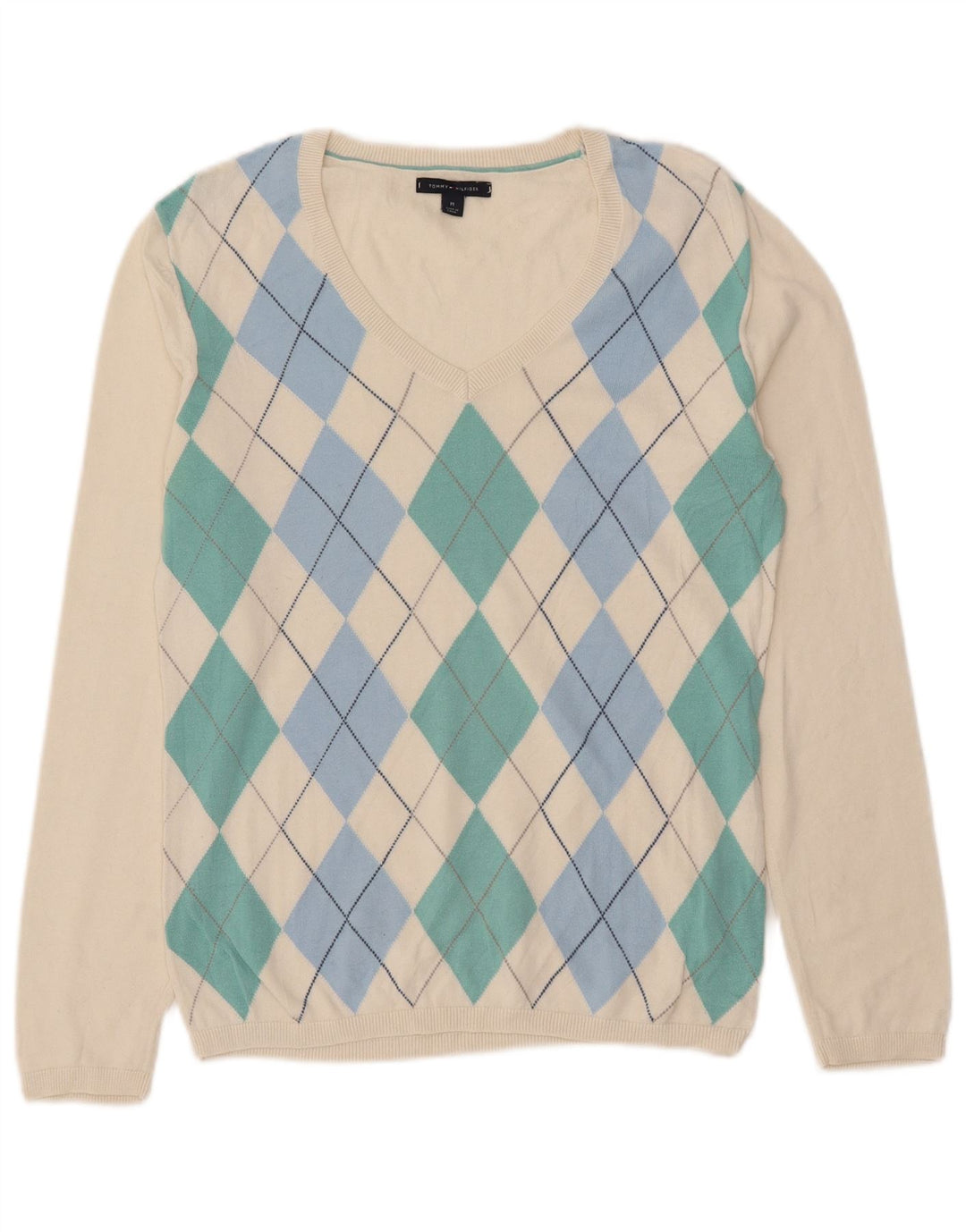 Suéter feminino TOMMY HILFIGER com decote em V UK 14 Médio Off White