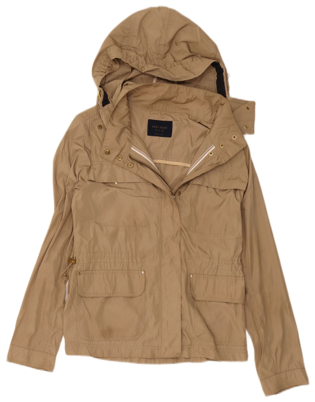 Jaqueta de chuva com capuz feminino Zara UK 12 poliéster bege médio