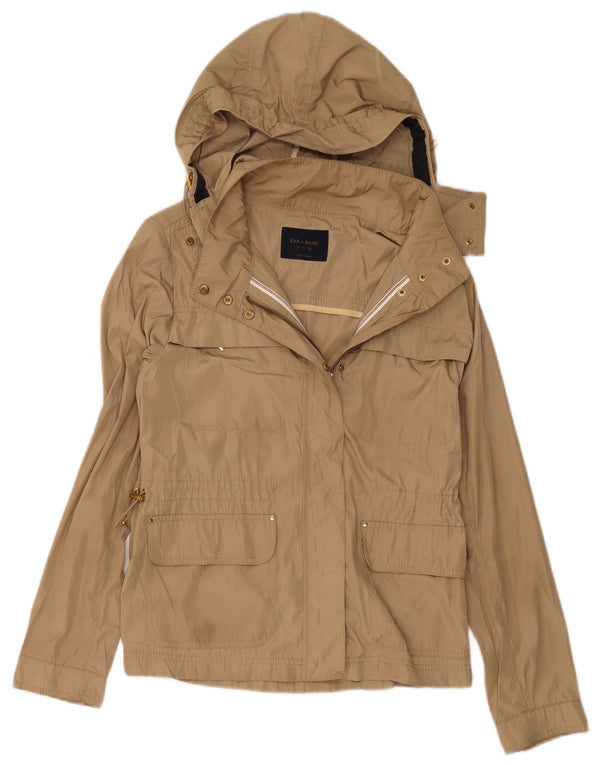 Jaqueta de chuva com capuz feminino Zara UK 12 poliéster bege médio