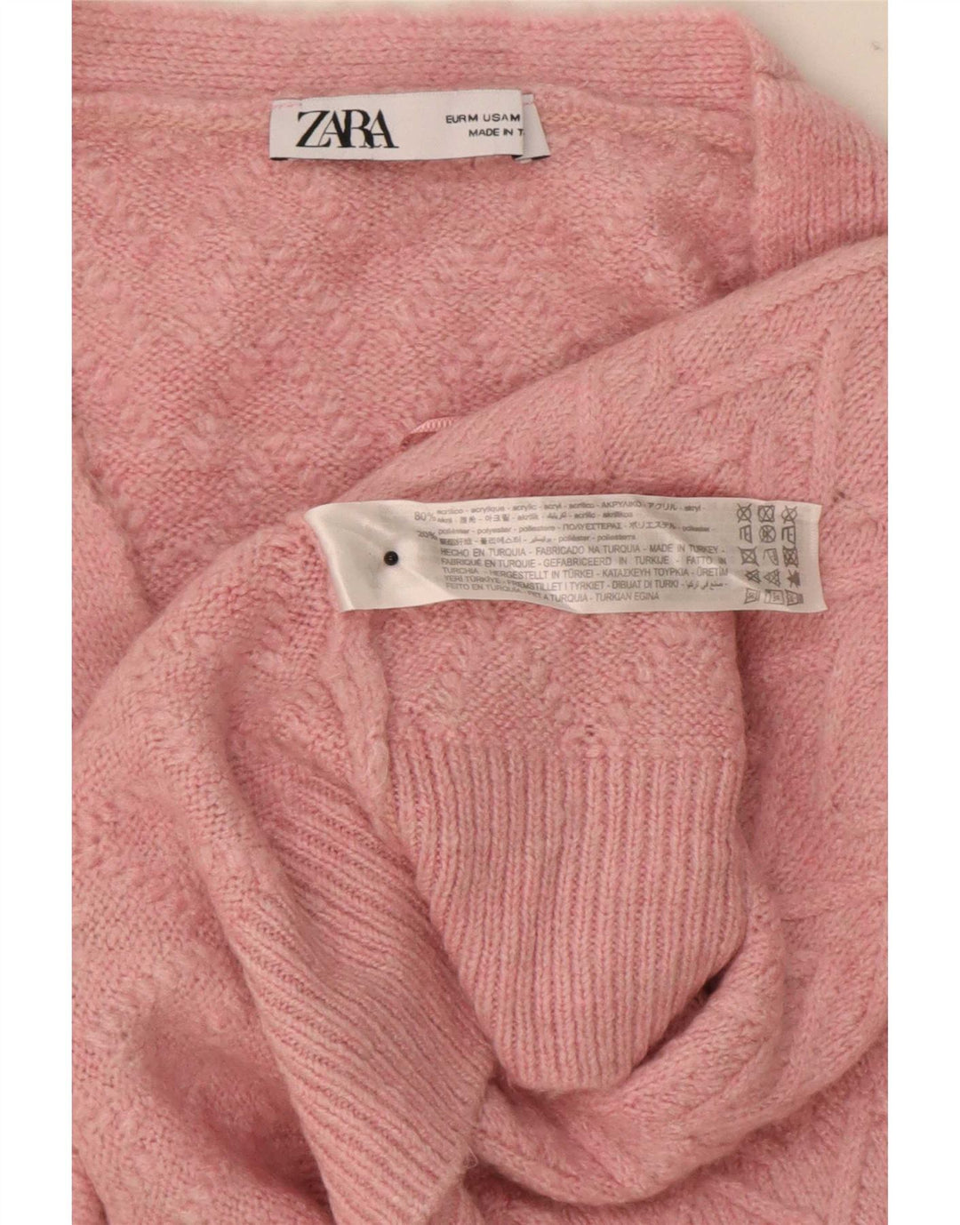 Zara Suéter Cardigan Feminino Crop Oversized Reino Unido 14 Médio Rosa Chevron