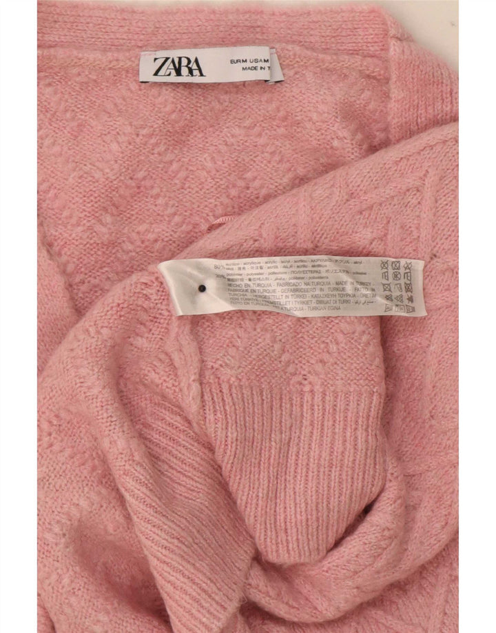 Zara Suéter Cardigan Feminino Crop Oversized Reino Unido 14 Médio Rosa Chevron