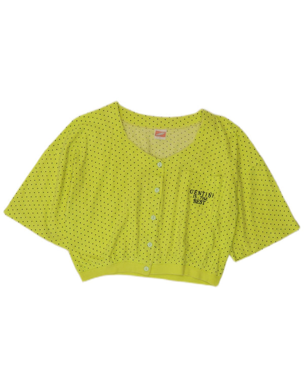 Blusa feminina vintage manga curta cropped UK 14 grande amarelo manchado